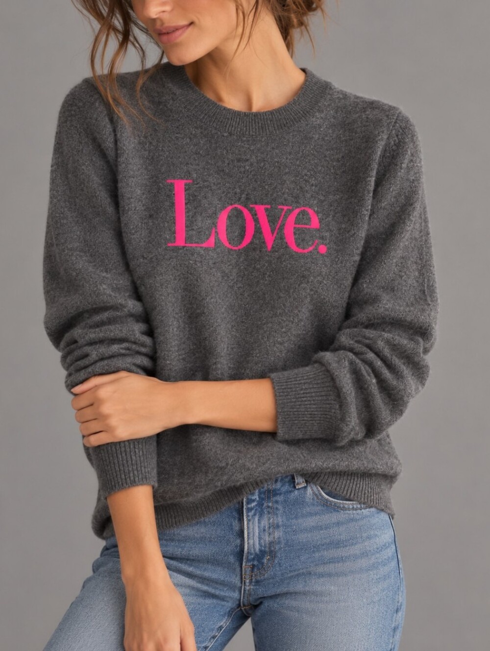 J. Crew Love Gray Pink Cashmere Crewneck Sweater Womems Size Medium